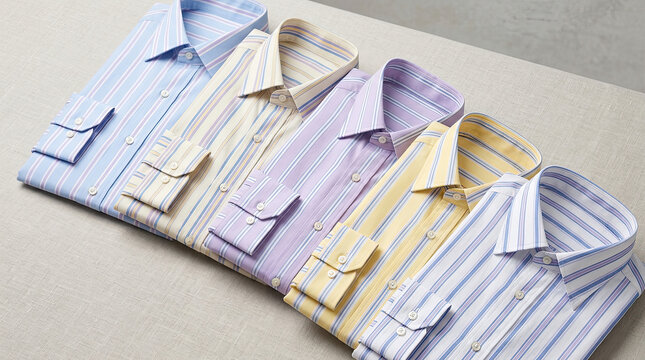 Row of neatly folded long sleeved men's dress shirts in various striped patterns with menswear clothing wardrobe garments collection business shopping