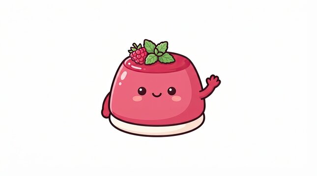 Cute cartoon red jelly pudding character with a raspberry and mint leaf on top