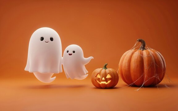 Cute cartoon ghosts floating beside carved pumpkins on orange background