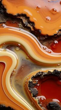 Vertical video: Moving camera showing banded agate in studio focusing on drops, crust and red pool