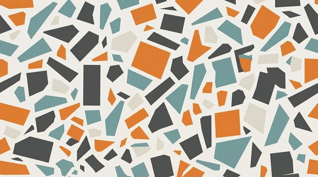 Seamless terrazzo pattern with orange grey and green geometric shapes