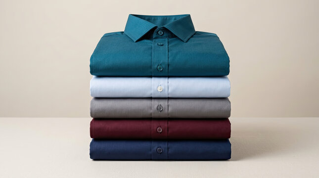 Stack of folded colorful mens dress shirts on a neutral background with mens fashion button down neat pile clothing stack formal wear wardrobe organization