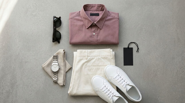 Set of men fashion accessories including a pink shirt and white casual sneakers with mens fashion outfit set flat lay clothing accessories formal pants