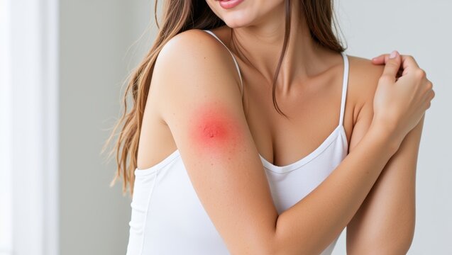 Young woman examining painful irritated red skin on arm, experiencing allergy symptoms or insect bite