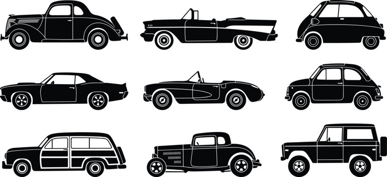 Vector set of black vintage car silhouettes including classic convertibles, muscle cars, and off-road vehicles