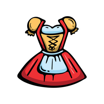 Dirndl dress icon. Hand drawn doodle clipart for Oktoberfest costume, Bavarian folk clothing, German festival and traditional celebration. Vector illustration isolated on white background.