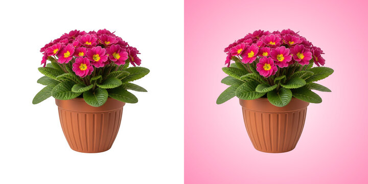 Potted pink primrose flowers isolated on transparent background