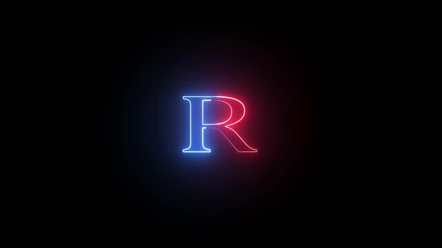 Glowing neon letter r with blue and red light effects on black background a illuminated by a dual colored outline against dark