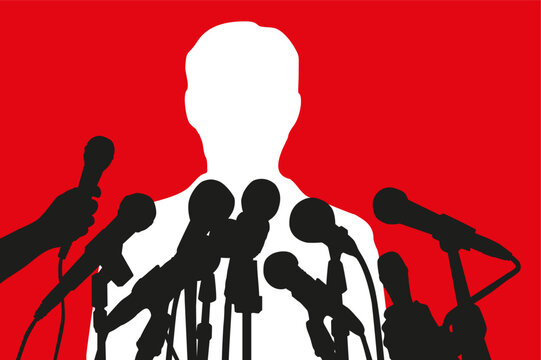 Politician At Press Conference Speaking To Media With Multiple Microphones And Reporters Silhouette