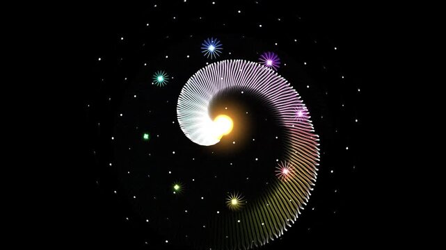 Abstract glowing spiral with colorful particles in dark space symbolizing growth and innovation