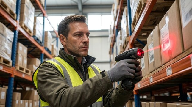 Warehouse Worker Using Wireless Barcode Scanner on High Storage Rack
