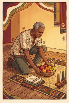 Older African American man kneeling and arranging fruits in Kwanzaa setting  