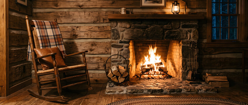 A warm rustic cabin interior featuring a burning stone fireplace, wooden rocking chair, and stacked firewood, creating a cozy atmosphere.