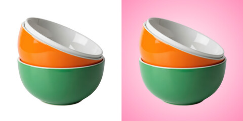 Stacked colorful ceramic bowls isolated on transparent background