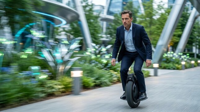 Person on electric unicycle in futuristic park with motion blur