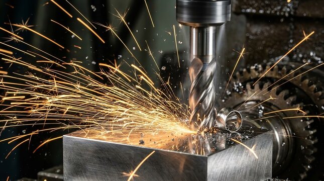 Cnc milling machine operator working with precision metal cutting in industrial workshop