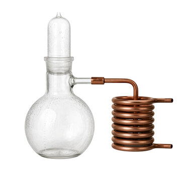 Glass alchemy flask with copper coil condenser isolated on transparent background PNG element