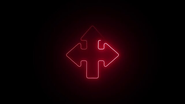 Glowing red neon cross arrow sign on black background a light symbol shaped like a four way against solid direction light pointer