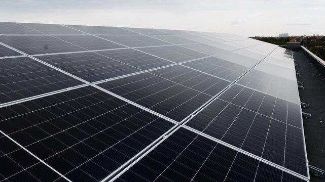 Solar panels in close view reflecting soft daylight. Clean energy, renewable power and modern photovoltaic technology concept.