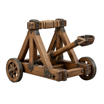 Medieval wooden catapult with iron reinforcements and rope bindings isolated on transparent background PNG element