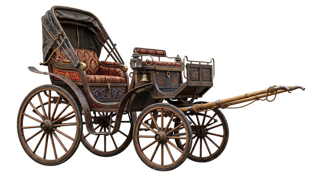 Vintage horse-drawn carriage with ornate wood carvings, antique Victorian era buggy with leather hood, classic wooden stagecoach for historical reenactment isolated PNG with Transparent