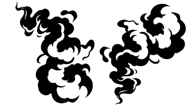 Black and white cartoon steam clouds and thick smoke trail isolated on white background design element