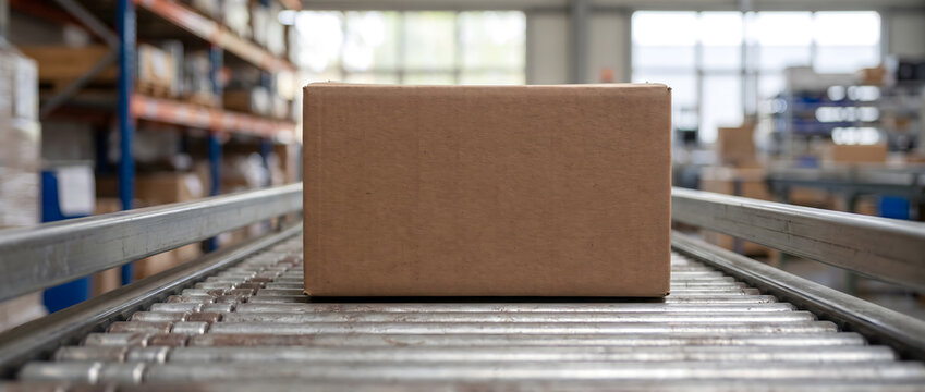 A plain cardboard package moves along a roller conveyor in a busy warehouse storage facility for logistics and distribution.
