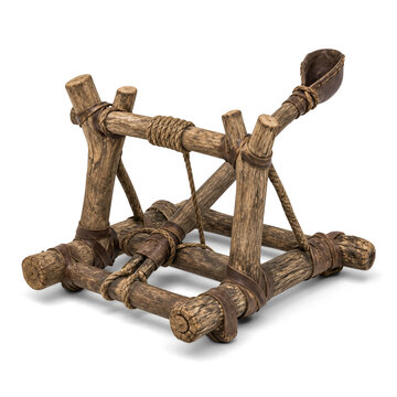 Ancient wooden catapult with leather straps and rope bindings isolated on transparent background PNG element
