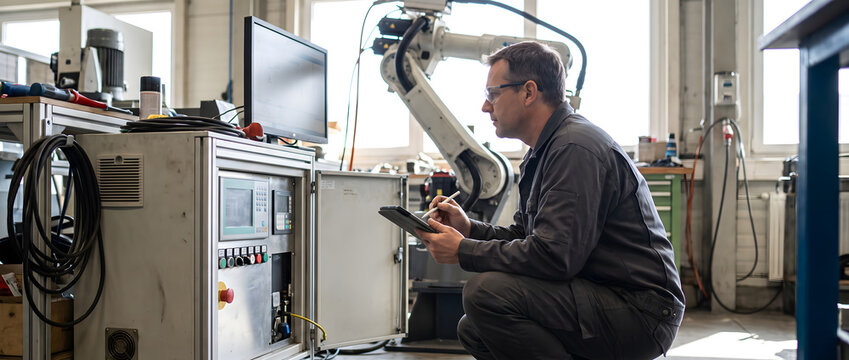 A male engineer crouches while inspecting industrial robotic equipment in a workshop, using a tablet for records.