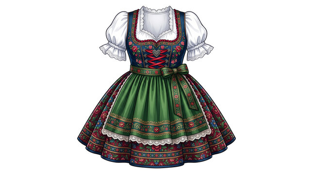 Traditional Bavarian dirndl dress with green apron, authentic German folk costume for Oktoberfest, embroidered alpine trachten with white blouse isolated PNG with Transparent Background