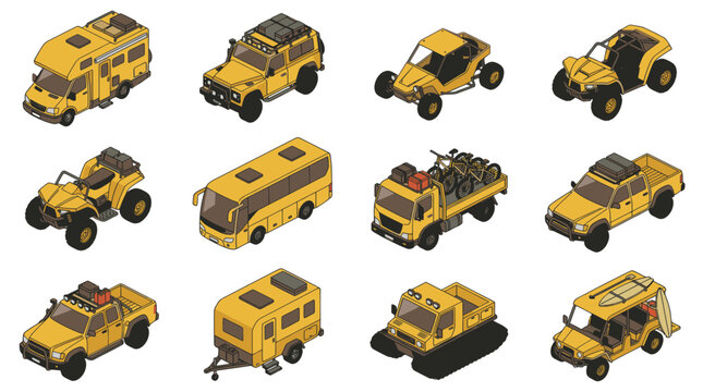 Isometric Collection of Adventure and Utility Off Road Vehicles for Exploration