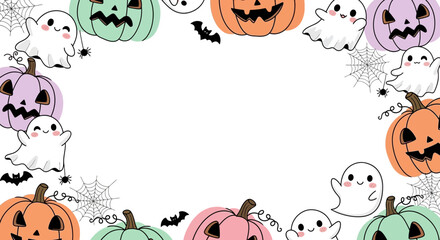 Fototapeta premium Cute Halloween Frame with Friendly Ghosts and Pumpkins for Festive Invitations