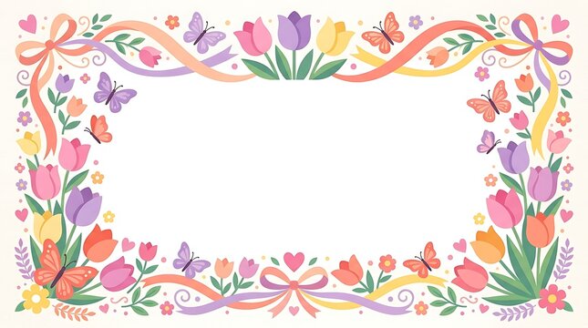 Decorative spring flower border frame with tulips ribbons and butterflies on white background