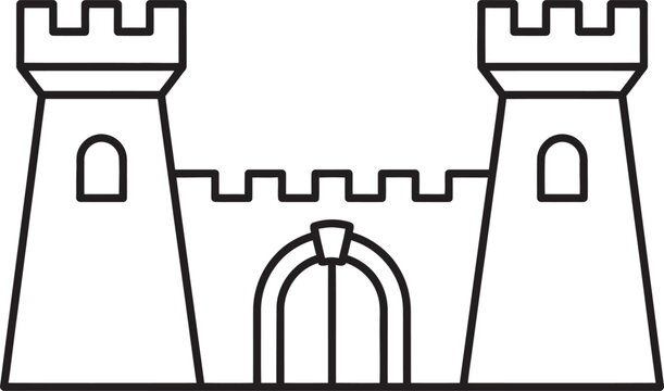 Medieval Castle Outline Icon with Two Towers and Arched Gate on White Background