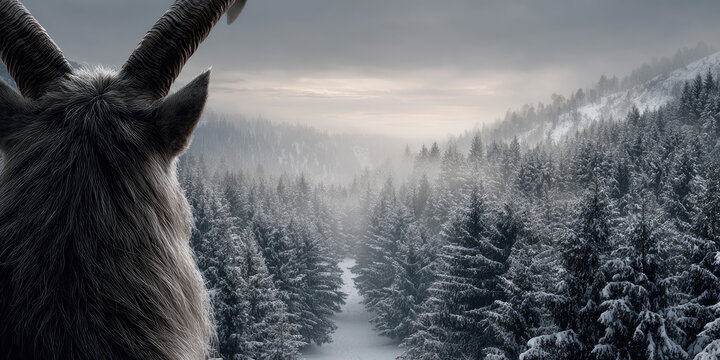 Krampus, the ancient horned forest guardian, observing a vast winter landscape with snow-covered trees and a winding path under a cloudy, atmospheric sky