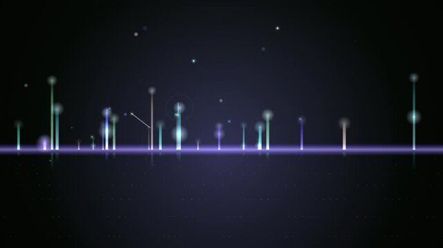 Vertical bars rise up and loop on a glowing horizontal line against a dark background