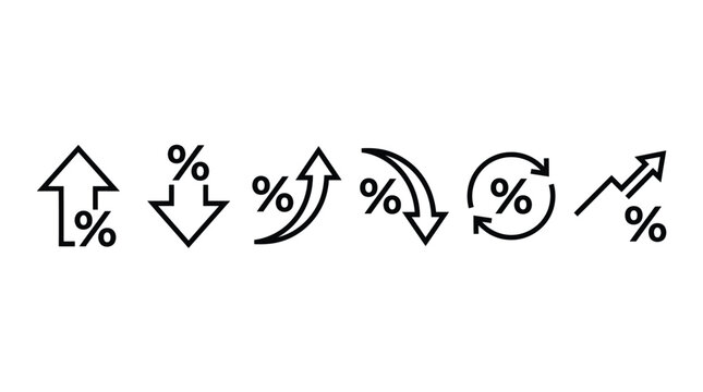 Financial percentage icons showing upward and downward trends are illustrated in black line art on a white background.