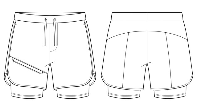 men's performance double layer shorts technical drawing vector illustration