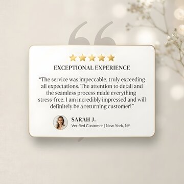 Five star customer review testimonial card on a light background with five stars