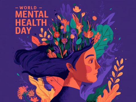 Illustration depicting World Mental Health Day with colorful flowers growing from head