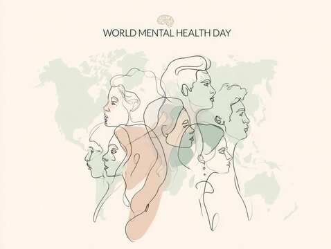 Illustration of diverse people heads connected symbolizing world mental health awareness day