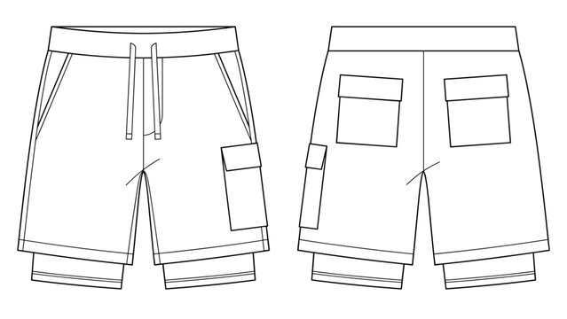 men's cargo double layer shorts technical drawing vector illustration