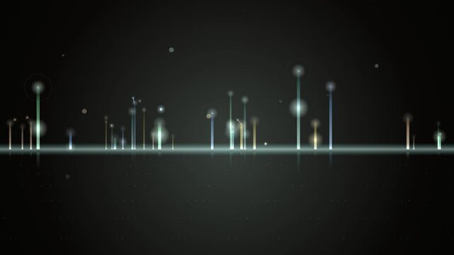 A digital visualization of abstract glowing vertical bars on a dark horizon for a continuous looping background animation.