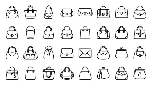 Elegant handbag and fashion purse outline icon set minimalist vector illustration