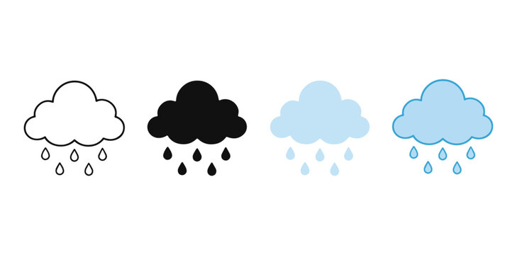 Minimalist rain cloud icon set, weather forecast symbols in black and blue, rainy day vector graphics for mobile apps and web design interfaces