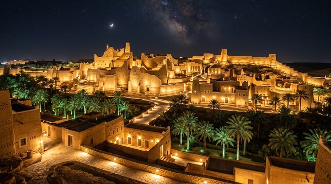 Ancient Middle Eastern Mud Brick City Illuminated at Night under Milky Way Galaxy