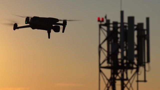 Aerial drone view of Drone flying near a cell tower for industrial inspection and maintenance during golden hour