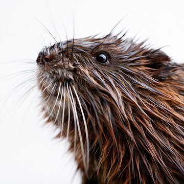 Close up of wet muskrat head with long whiskers