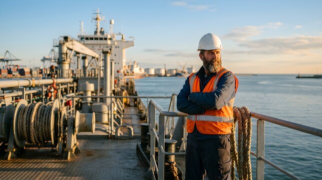 Confident bearded maritime worker or deck officer wearing safety helmet and high-visibility vest standing with arms crossed on a ship deck during golden hour sunset at sea industrial maritime