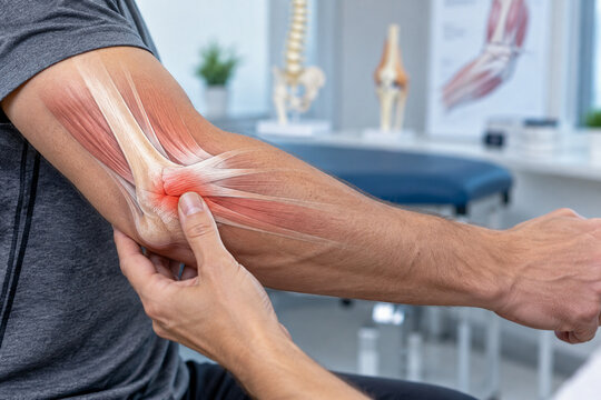 Person holding elbow with illustration of anatomy and inflamed joint for pain diagnosis